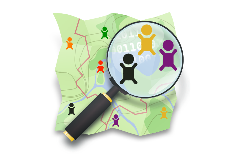 OpenStreetMap logo with magnifying glass, showing stick figures.