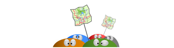 Cute half-blobs with eyes, holding sticks with maps.