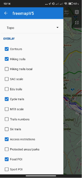 Schermata di un'applicazione per Android che usa le mappe di Freemap, che mostra alcune personalizzazioni disponibili.