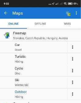 Schermata di un'applicazione Android che mostra la disponibilità delle mappe di Freemap.