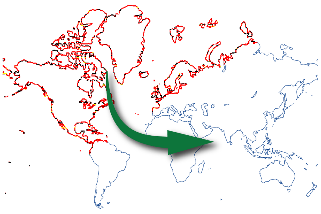 World map showing pixels in one half, vectors in the other, with an arrow pointing towards vectors