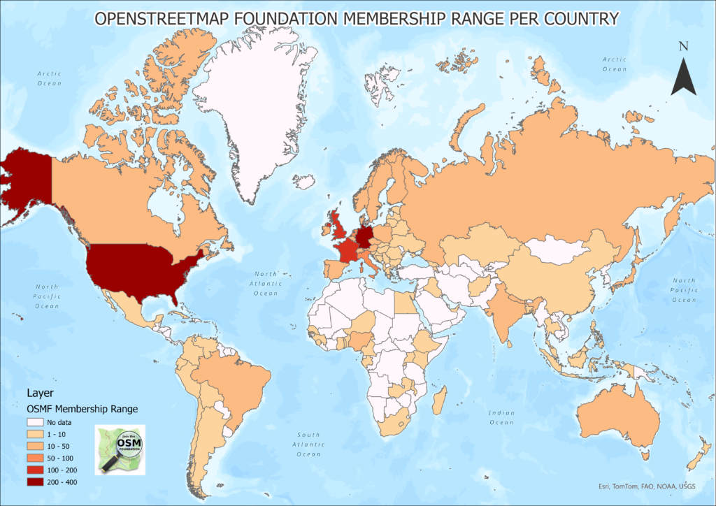 A visualization of OSMF membership by country, worldwide