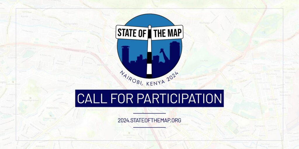 Appel à participation SotM 2024 avec logo, fond OSM de Nairobi